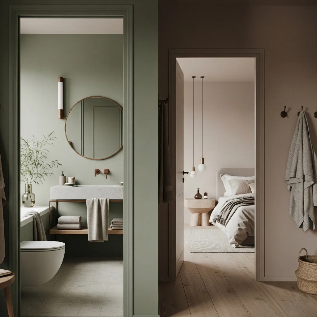 an image of a quietude sage bathroom and mindful bedroom: