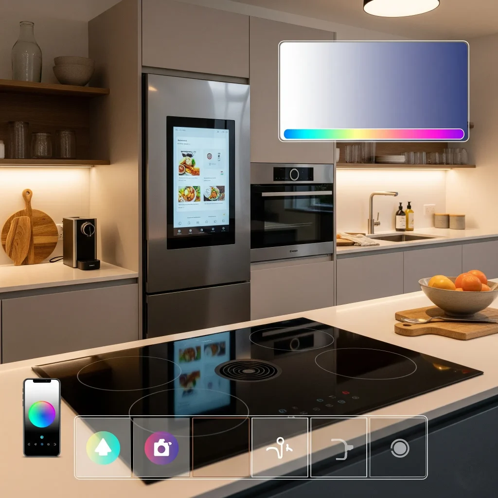 This image highlights the integration of energy-efficient appliances and smart lighting in a modern kitchen.