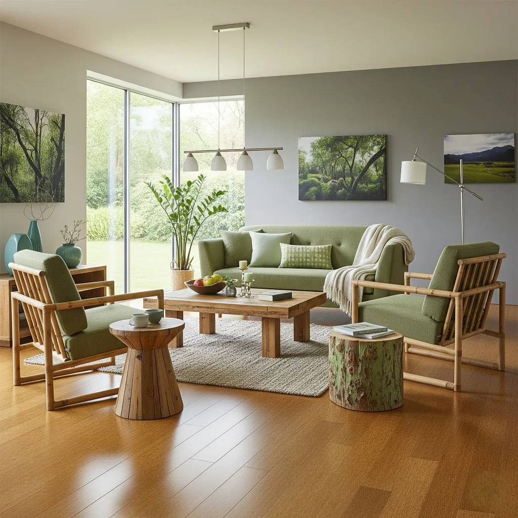 This image represents the use of sustainable materials like bamboo flooring and eco-friendly furniture of interior design.